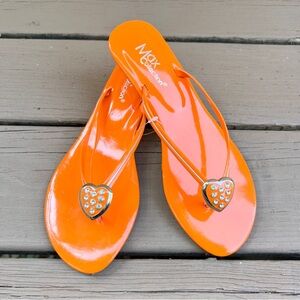 Vintage Y2K Max Collection bright orange pleather micro wedge thong sandals